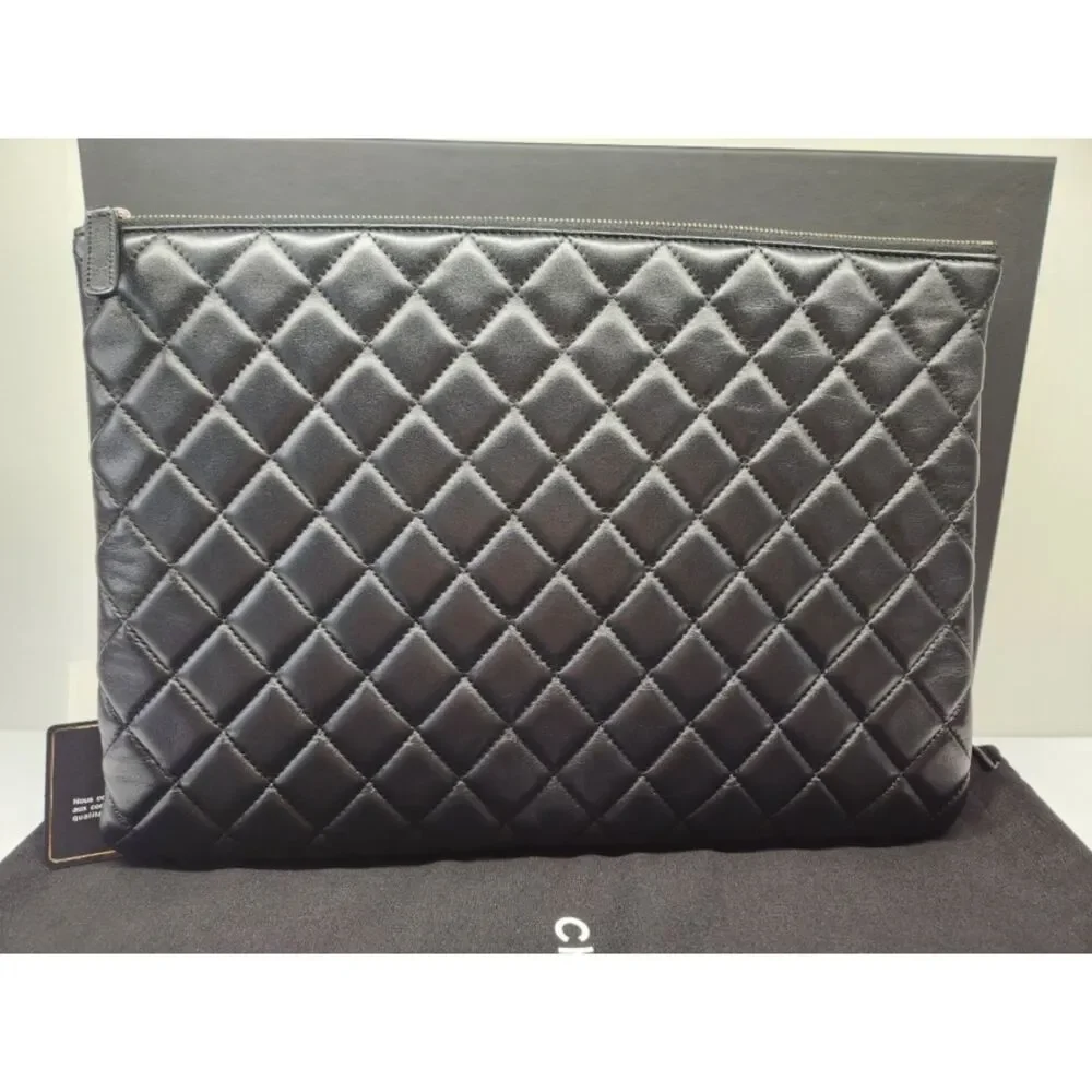 CHANEL Camellia Bow Quilted Lambskin Clutch Black Ivory Coco Mark Full Set